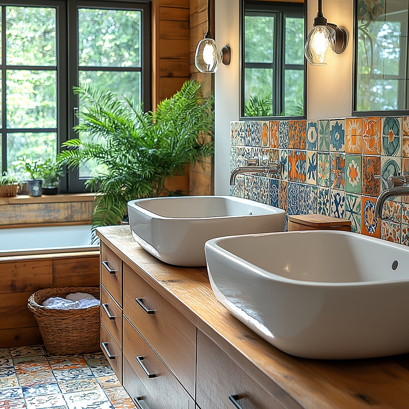 Salle de Bain Bois Vasques Artisanales Déco Naturelle Salle de bain rustique chic avec double vasque, comptoir en bois, carreaux muraux colorés style artisanal et grande fenêtre verte.